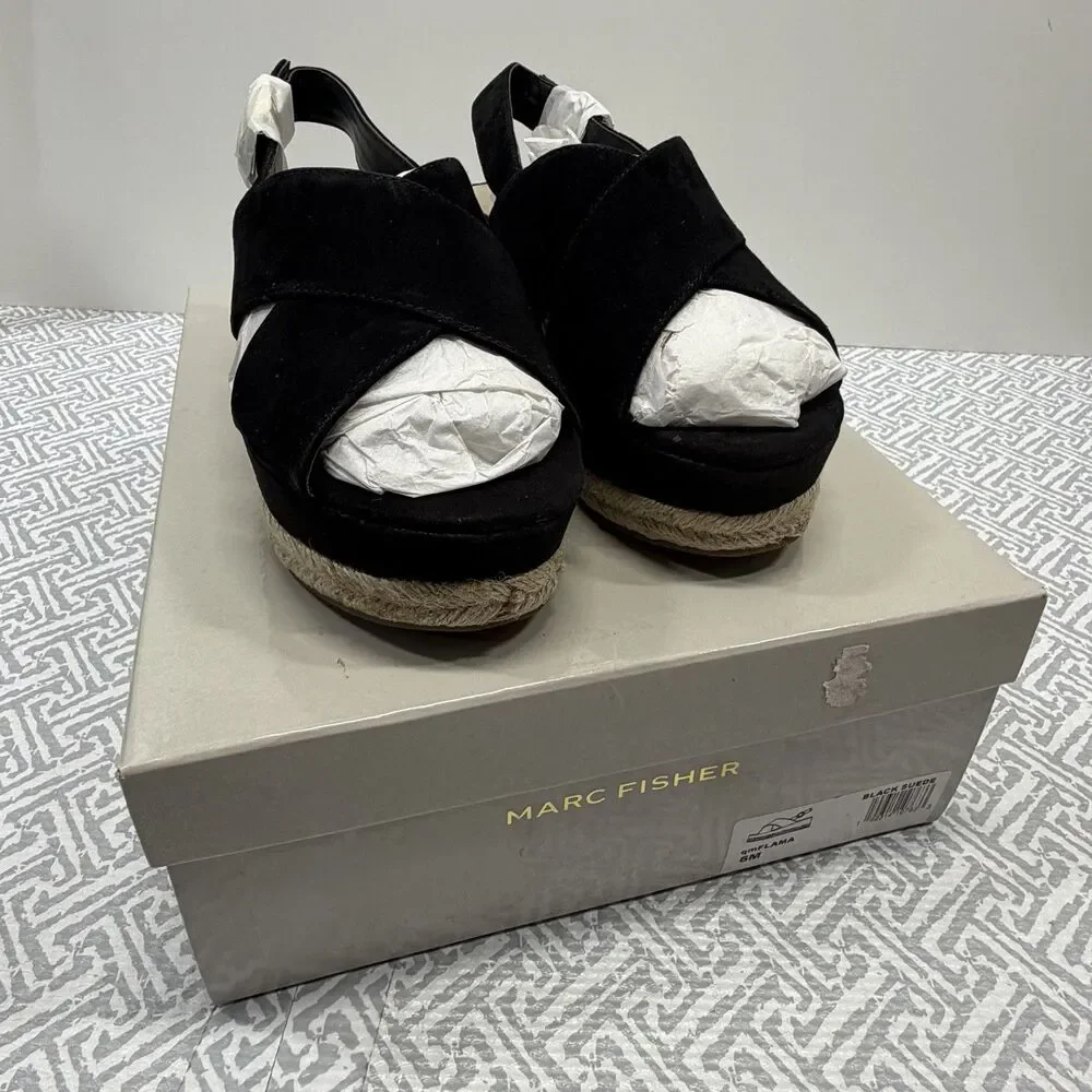 Marc Fisher Black Suede Flama Slingback Espadrille Platform Wedge Sandals 6 New